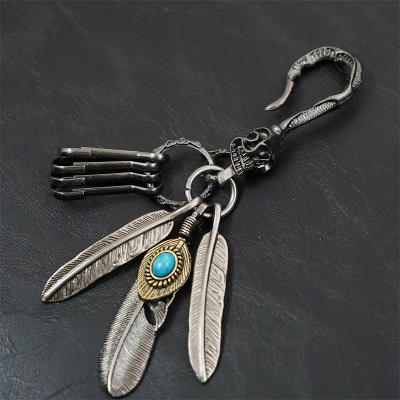 New Fashion Trends Vintage Aesthetic Metal Hook Keychain Charm Feather Turquoise Creative Waist Ornament Pendant