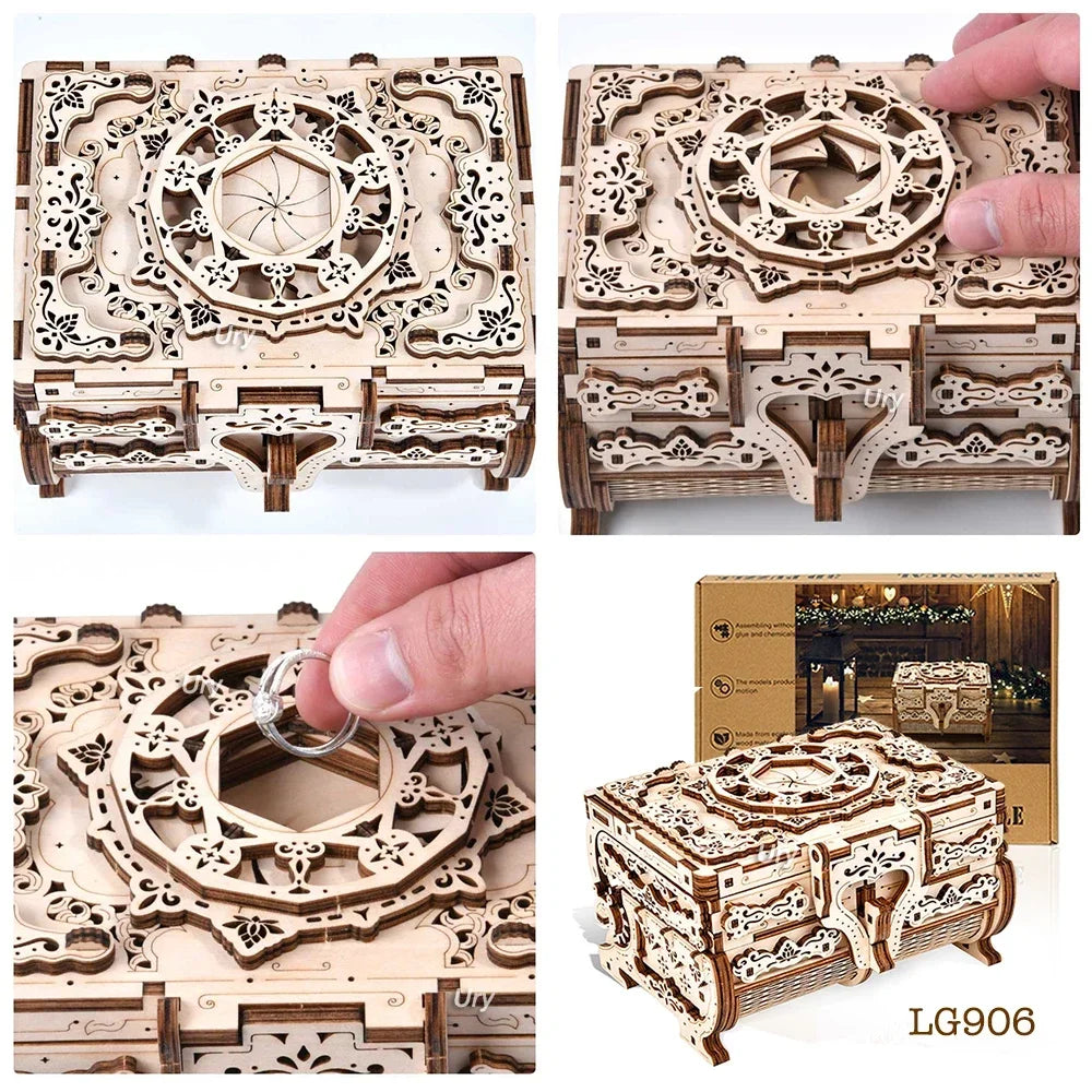 Caja de dados URY Rompecabezas de madera 3D Caja de tesoro antigua Estuche de vestir Juego de bricolaje Modelo de ensamblaje avanzado Juguetes Regalo creativo para niñas