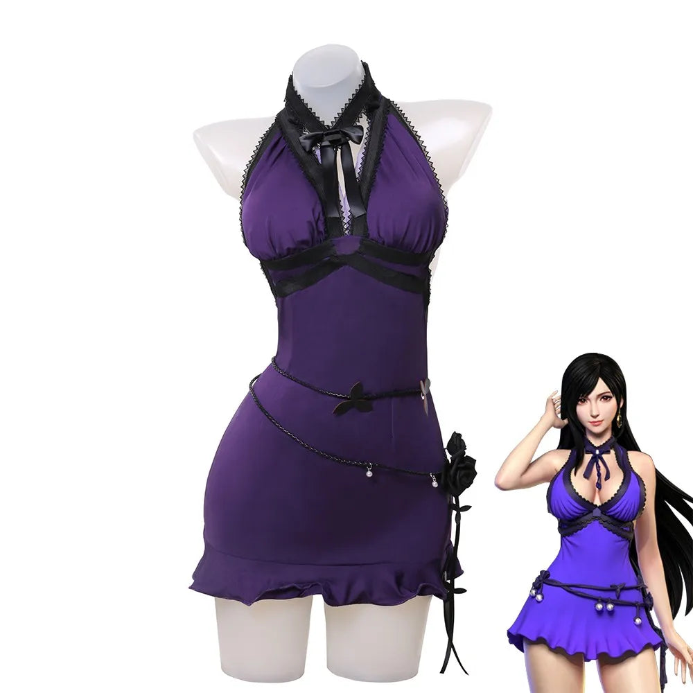Juego Final Fantasy VII Tifa Lockhart disfraz de Cosplay mujer vestido Sexy púrpura fiesta Halloween