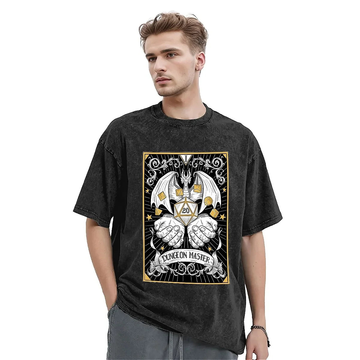 Dungeon Dragon T-Shirt délavé unisexe, classique et décontracté, T-Shirts populaires d'été, vêtements surdimensionnés
