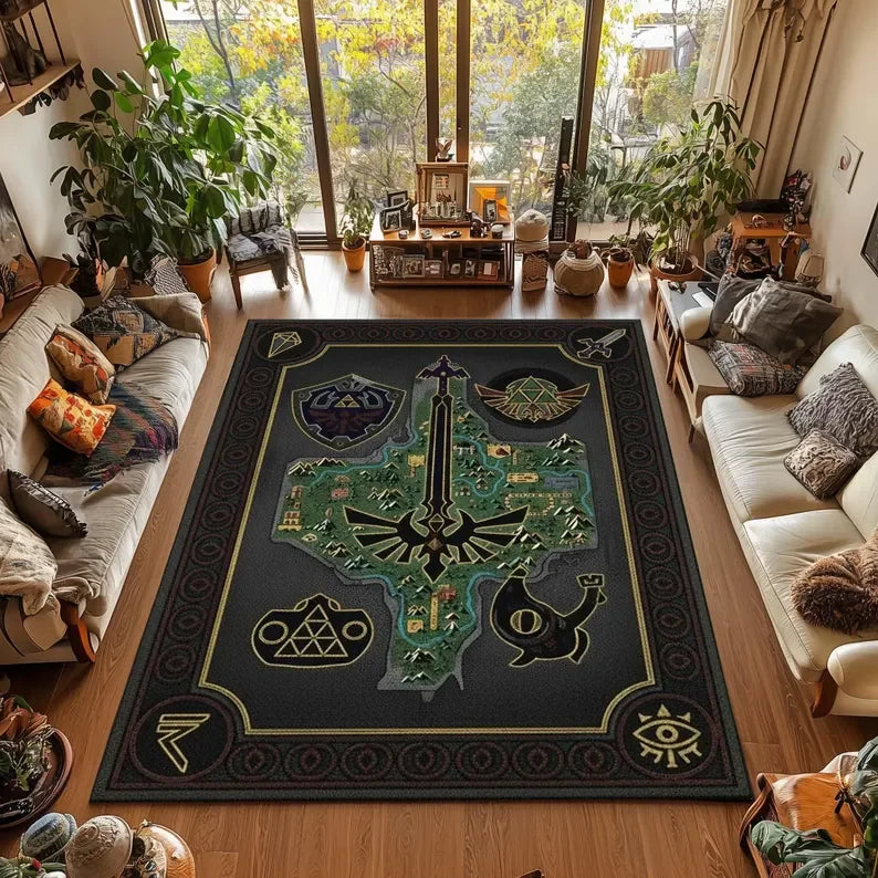 Castle Rug Graffiti-Triforce Gamer Room Decor Gaming Rug for HHyrule Lovers Mystical Eclectic Gamer Christmas Gift