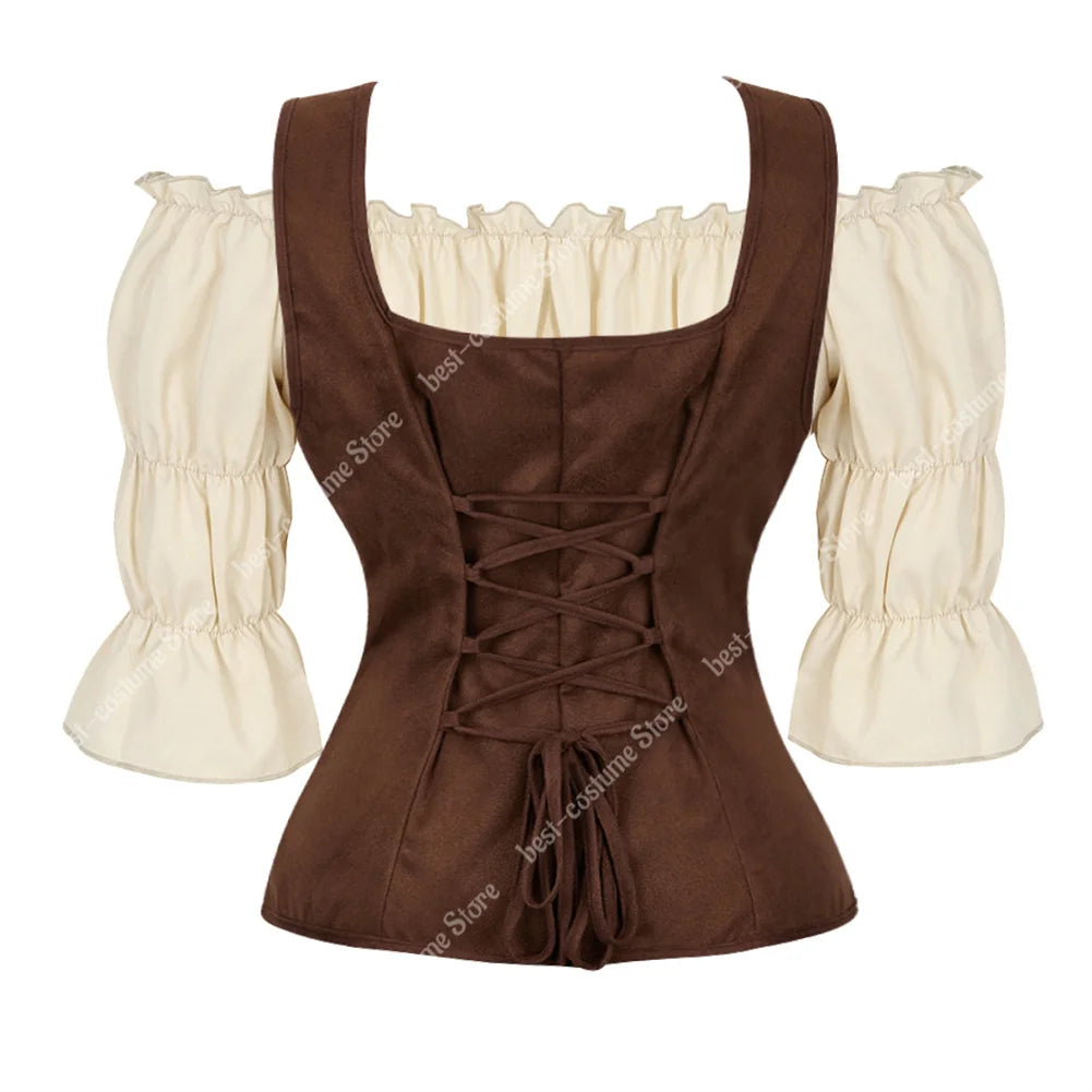 Pirate Costume Women Medieval Vest Cosplay Plus Size Medieval Blouse Tops 2 Pieces Sets Renaissance Vest Brown Black Blue