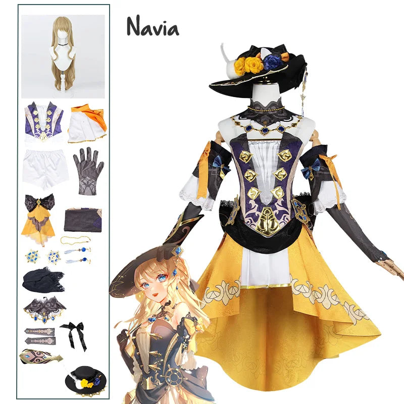 Navia Cosplay Impact Costume Wig Hat Set Women Dress Uniform Halloween Party for Girls Outfit