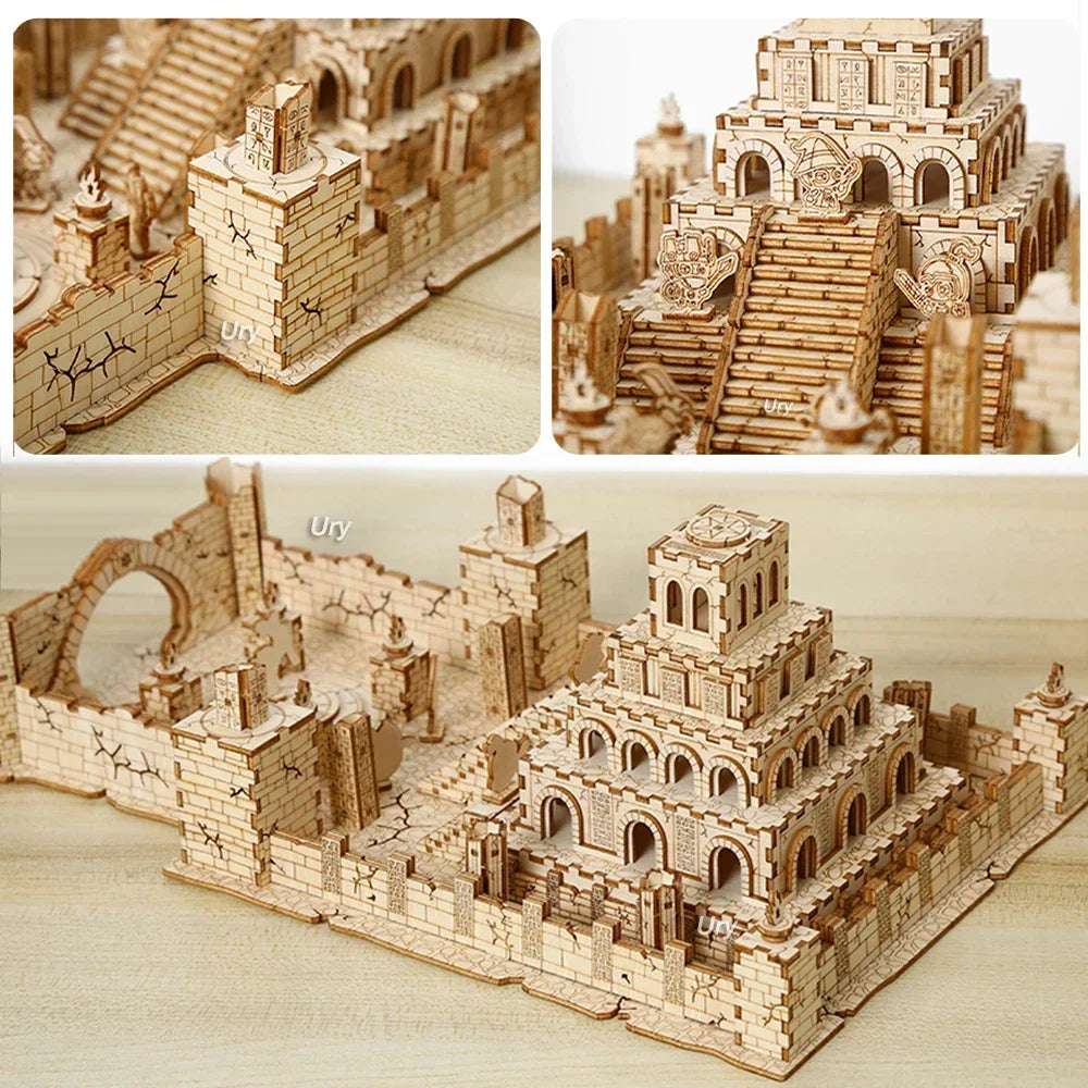 Ury 3D Wooden Puzzle WW2 War City Postwar Relic Handmade Mechanical Assembly House Model DIY Kits Toys Decoration Gifts for Kids