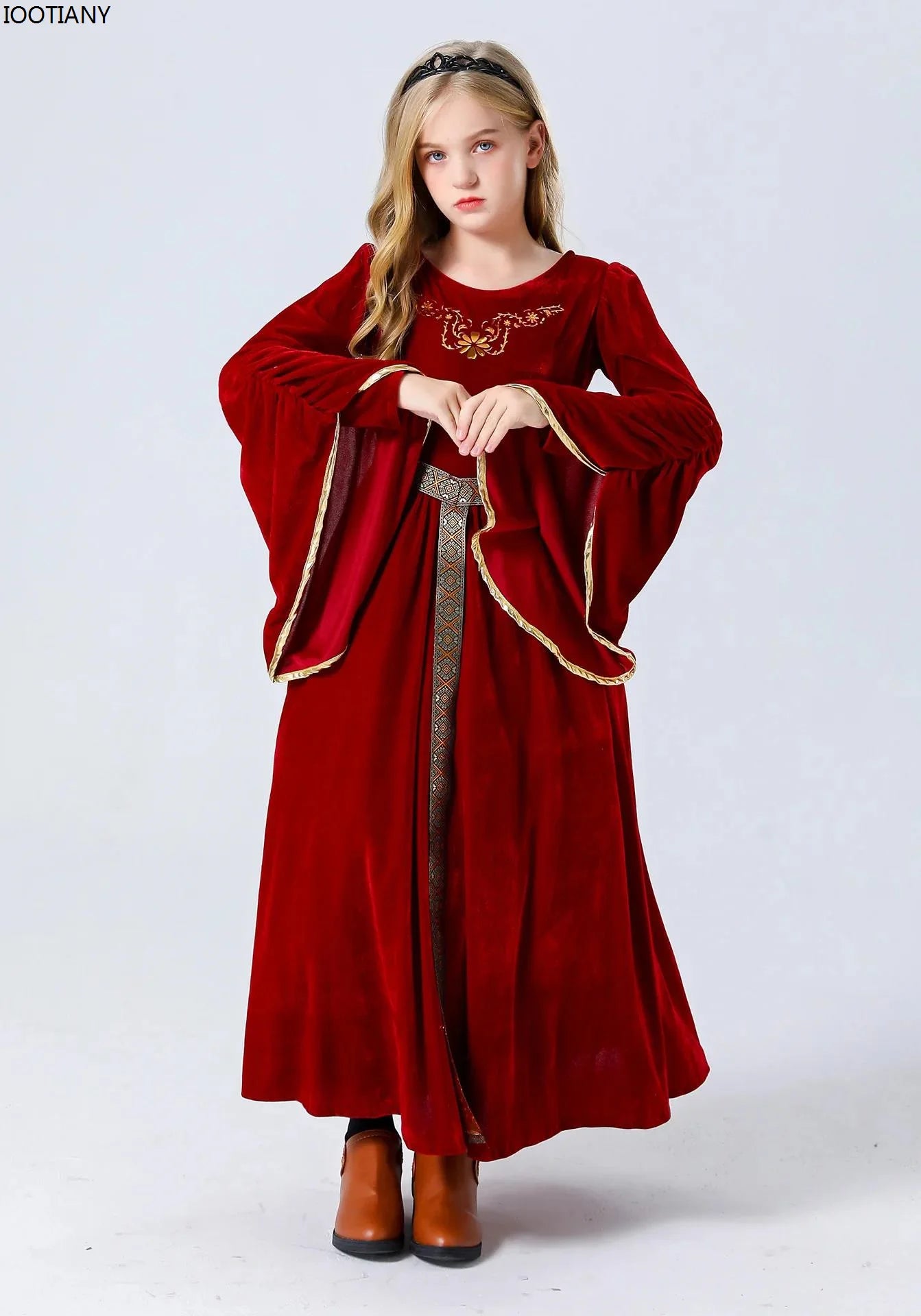 Medieval Vintage Court Noble Ball Performance Dresses Kids Suede Flared Sleeve Long Dresses Cosplay Stage Performance Costumes