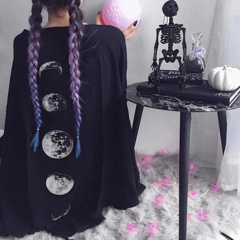 FICHOR Gothic Moon Phase Black Cloak for Women Fall Winter Geometric Y2k Graphic Goth Outwear Oversized Irregular Ponchos Ladies
