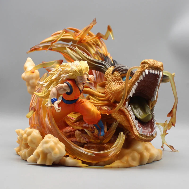 Super Saiyan 3 Goku and Golden Shenron Action Figure, Dragon Ball Z Anime Figurines Pvc 21.5 CM