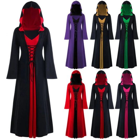 Halloween Medieval Dress for Women Vintage Hooded Cloak Robe Cosplay Costume Retro Scary Vampire Witch Carnival Disfraz Mujer