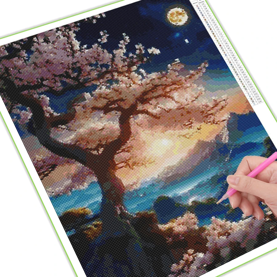 FULLCANG-pintura de diamante artesanal, nueva colección 2024, Luna, árbol de flor de cerezo, Kits de bordado de mosaico de paisaje artístico con diamantes de imitación completos