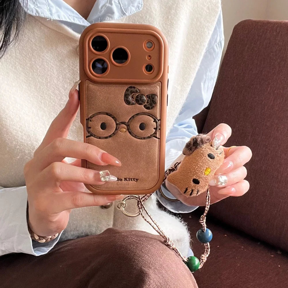 Brown Cute Leather Leopard Print Glasses KT Phone Case Suitable For iPhone 14 Pro 15 16 17 Pro Max Shockproof Protective Case