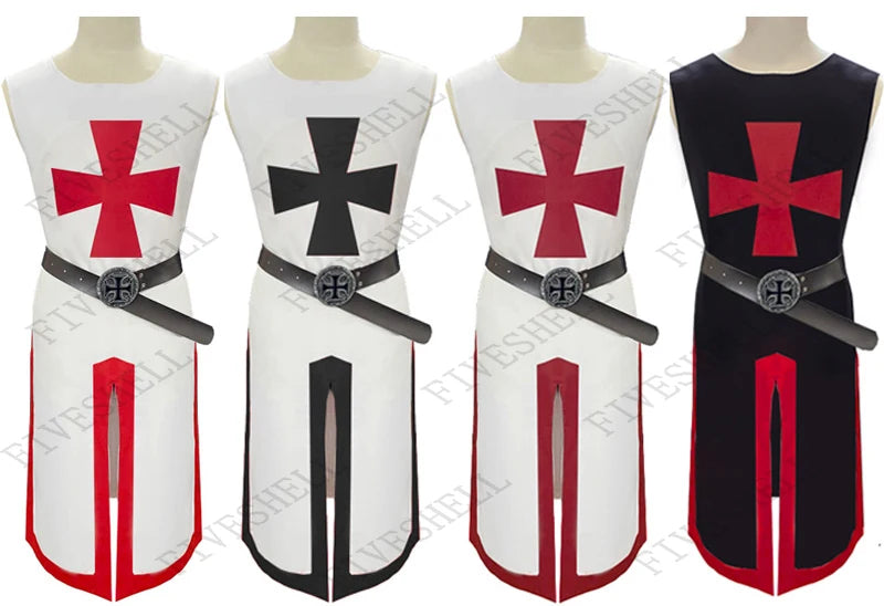 Plus Size Men Medieval Cosplay Robes Templar Knight Crusader Surcoat Long Sleeve Short Sleeve Mens Tops Reenactment Costume