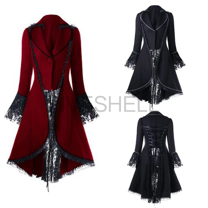 Women Medieval Steampunk Victorian Style Gothic Jacket Noble Court Retro Dress Halloween Costume Lace Trim Lace-up High Low Coat