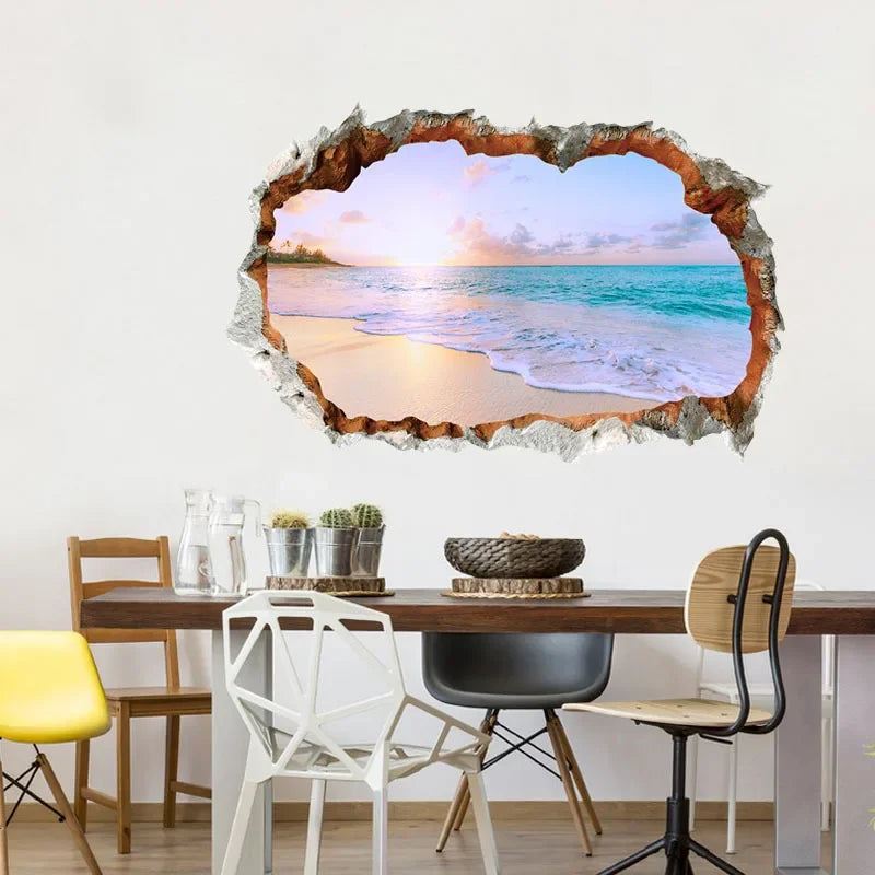 Wall Breaking 3D Effect Sea View Wall Stickers Waterproof Break Out of The Wall Ocean Beach Landscape Wall Decals Sticker