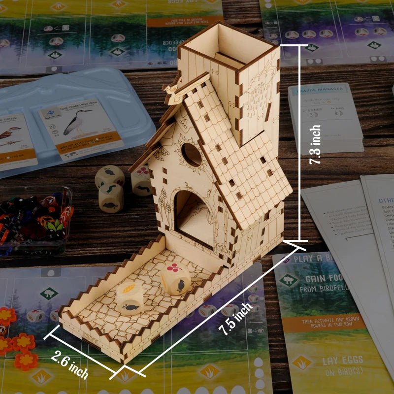 CZYY Torre de dados para comedero de pájaros con bandeja de madera cortada con láser, perfecta para envergadura y otros juegos de mesa