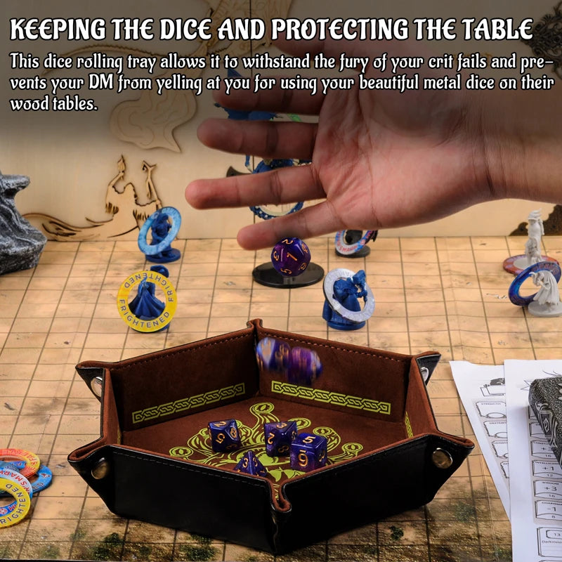 D&D Dice Tray PU Leather Hexagon Dice Holder Printed with Beholder Portable and Foldable Dice Rolling Mat