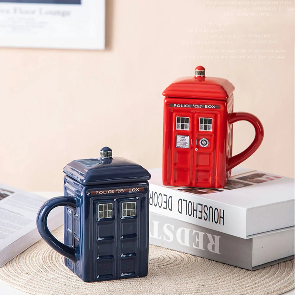 Creative Retro British Police Booth Cup Ceramic Phone Booth Square Cups With Cover Novelty Mug Coffee Tea Handle Cup Drinkware