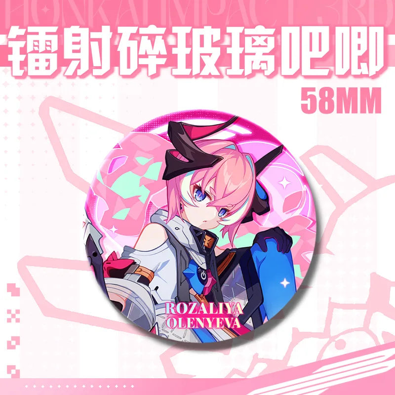 Kawaii Honkai Impact 3 Valkyrie Girls 58mm Laser Pin Badge Cosplay Accessories for Clothes Backpack Decor Brooch Gifts Keychain