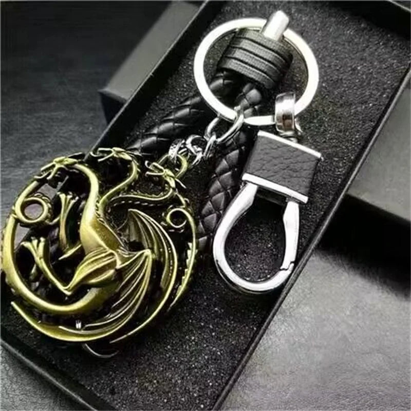 Thrones Keychain Stark Wolf Head Badge Key Chains Leather Rope Keyring Pendant llaveros Accessories Gifts for friends