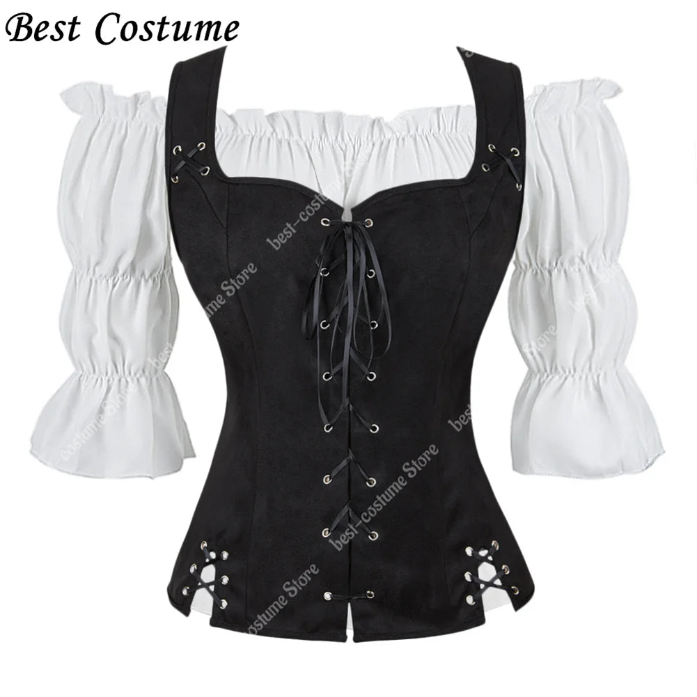 Pirate Costume Women Medieval Vest Cosplay Plus Size Medieval Blouse Tops 2 Pieces Sets Renaissance Vest Brown Black Blue