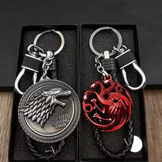 Thrones Keychain Stark Wolf Head Badge Key Chains Leather Rope Keyring Pendant llaveros Accessories Gifts for friends