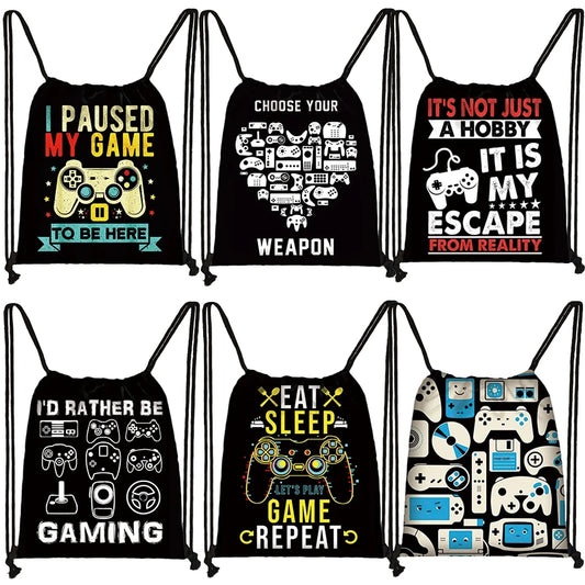 Funny Choose Your Weapon Gamer Print Drawstring Bag Women Men Backpacks Video Game Fan Shoulder Bag for Travel Shoes Holder