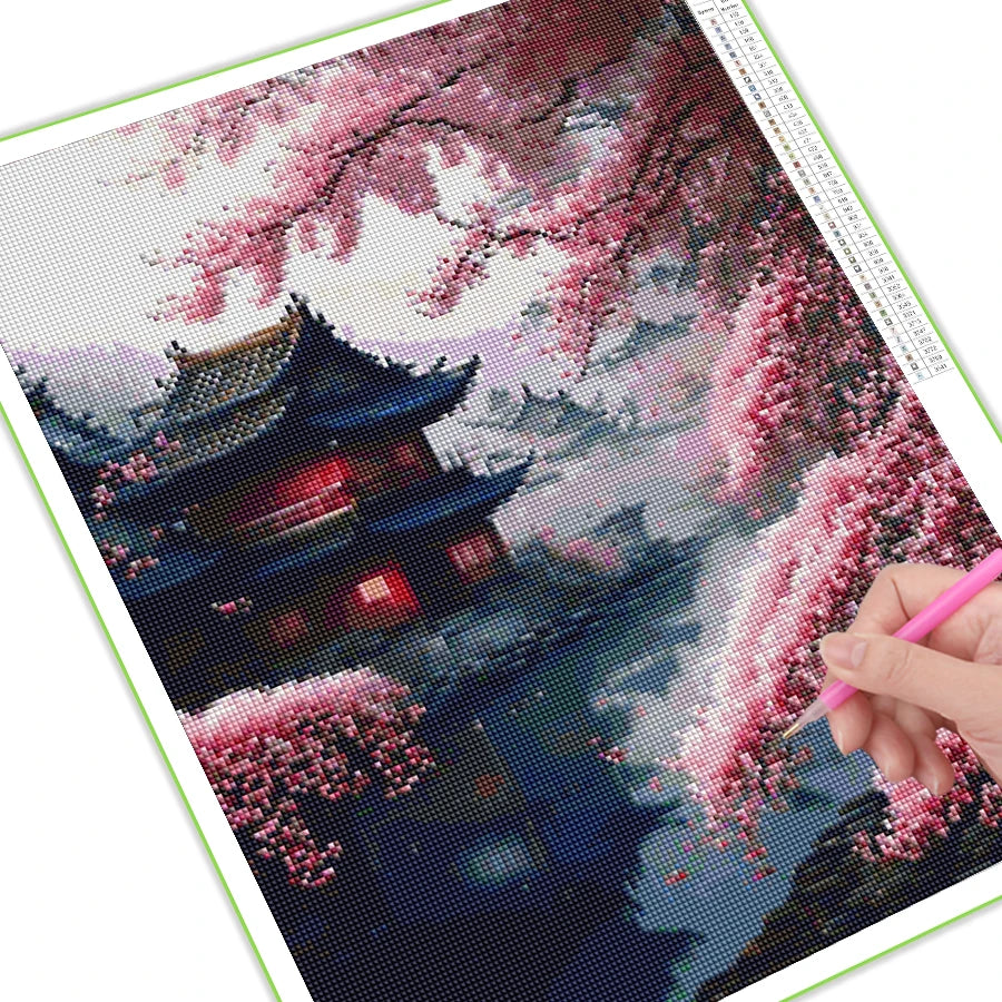 Bricolage mosaïque Art japonais fleurs de cerisier diamant peinture cascade Temple paysage complet strass broderie photo AA4518