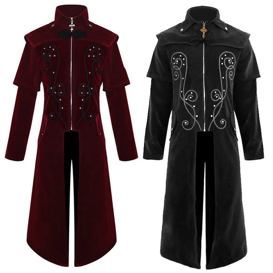 Men Medieval Trench Gothic Coats Retro Stand Collar Cross Zipper Renaissance Costume Renaissance Uniform Long Jacket