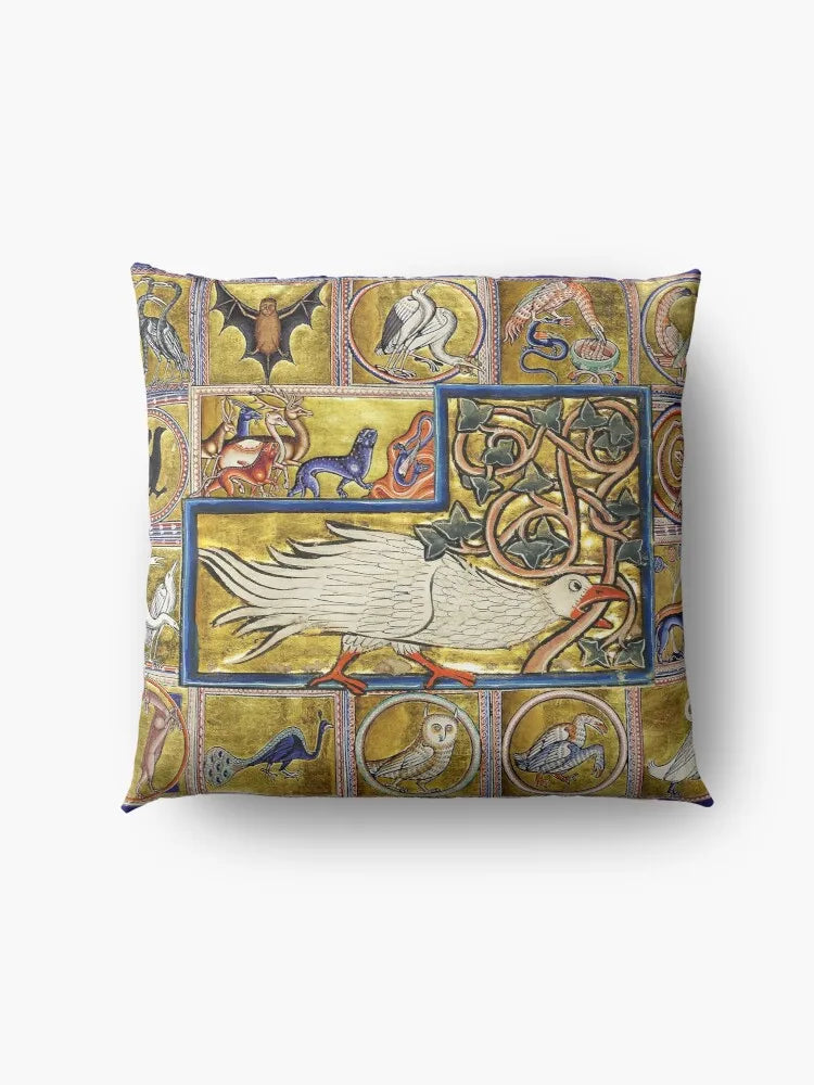 MEDIEVAL BESTIARY, CALADRIUS BIRD,FANTASTIC ANIMALS IN GOLD RED BLUE COLORS Floor Pillow Custom Cushion Cushion Cover For Sofa