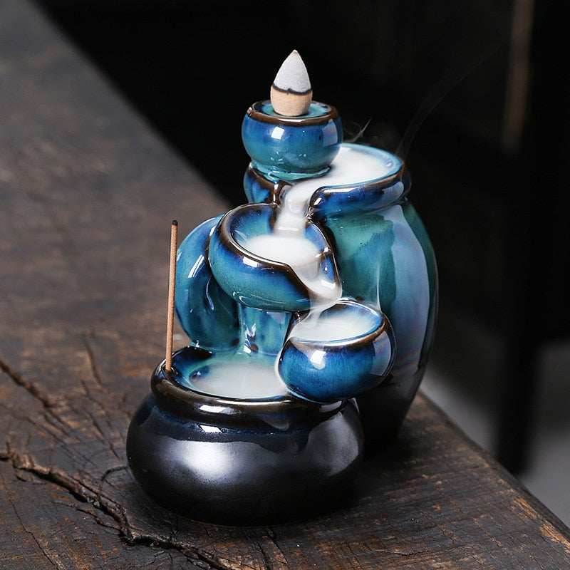 Blue Jars Cascading Waterfall Backflow Incense Burner Holder - 