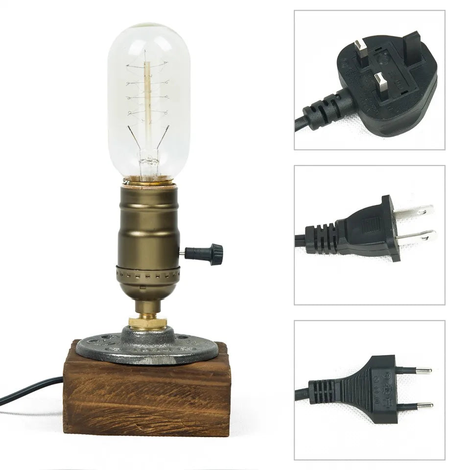 Lampe de Table en bois Vintage, lampe de bureau industrielle en fer, interrupteur à intensité variable, ampoule Edison, éclairage de café et de Bar, décoration rétro pour la maison
