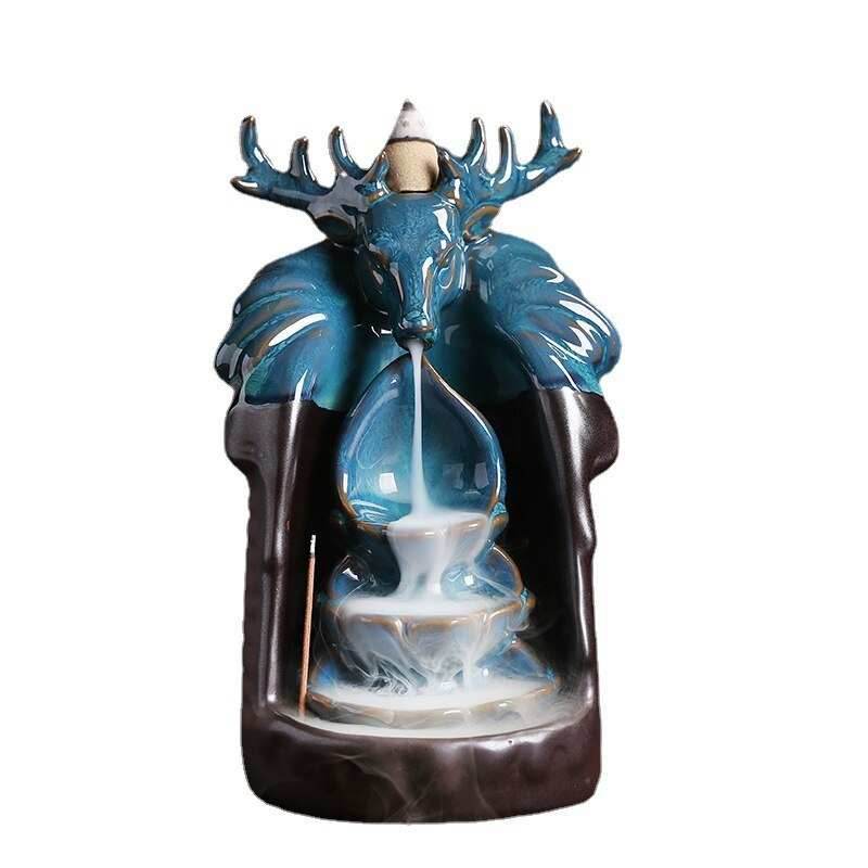 Blue Lucky Deer Ceramic Waterfall Backflow Incense Burner - 