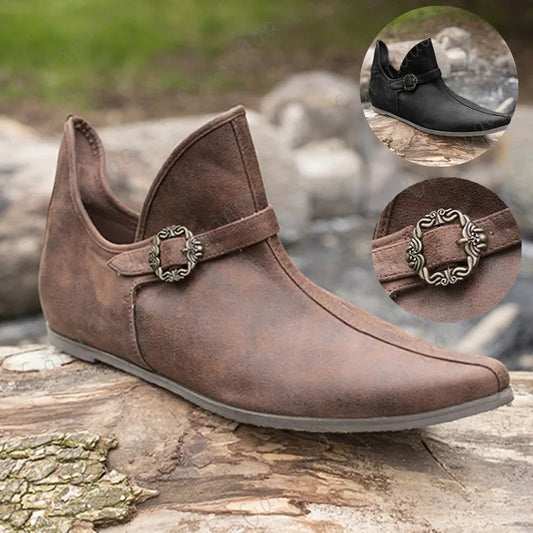 Zapatos medievales renacentistas de caballero vikingo y Príncipe, botas de cuero con hebilla marrón Vintage, zapatos planos cortos, disfraz de pirata para Cosplay