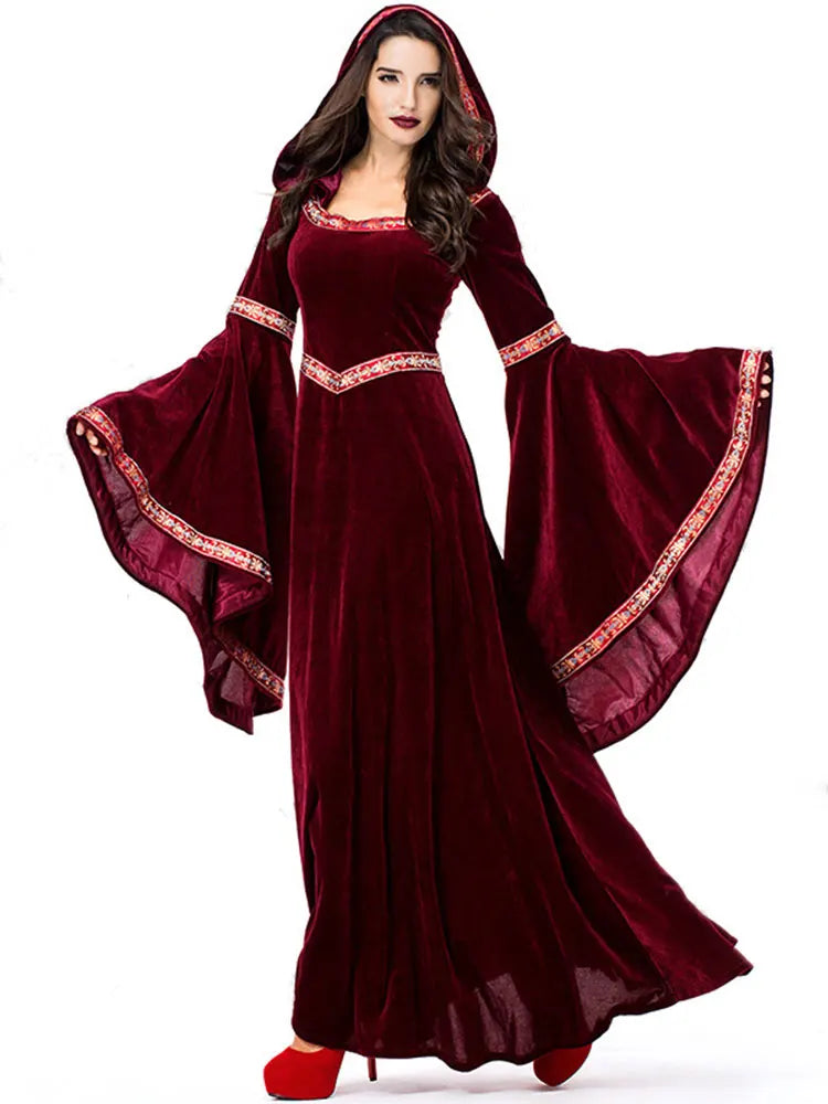 Sweat à capuche gothique rétro médiéval, jupe longue de luxe pour femmes, robe de soirée Cosplay Vampire Halloween Costume adulte