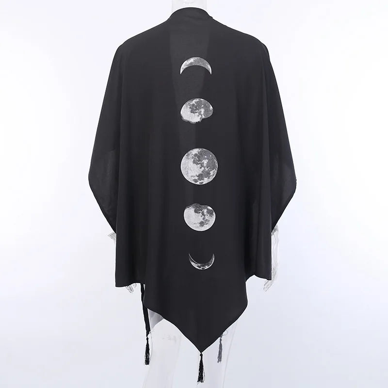 FICHOR Gothic Moon Phase Black Cloak for Women Fall Winter Geometric Y2k Graphic Goth Outwear Oversized Irregular Ponchos Ladies