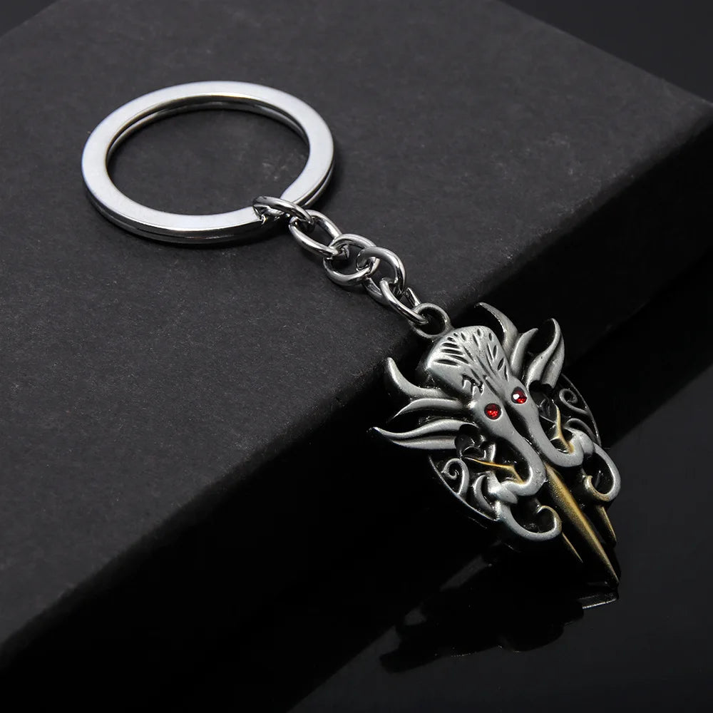 Vintage Baldurs Gate Ghost Pendant Keychain for Men Two Tone Red Stone Filled Metal Key Ring Finder Fans Collection Jewelry