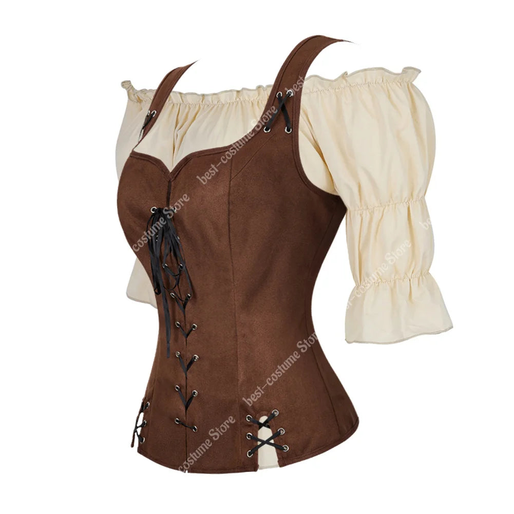 Pirate Costume Women Medieval Vest Cosplay Plus Size Medieval Blouse Tops 2 Pieces Sets Renaissance Vest Brown Black Blue