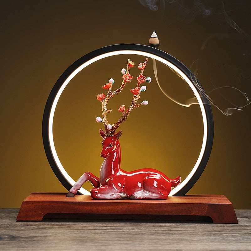 Blossom Deer Round Backflow Incense Burner LED Lamp - Red