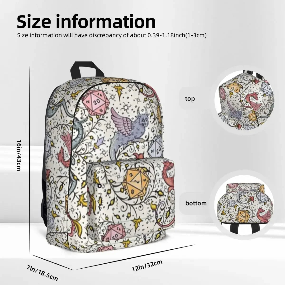 Dragón medieval y dados D20, patrón Dnd, mochilas florales para mujer, mochila informal para niños y niñas, mochilas escolares para ordenador portátil