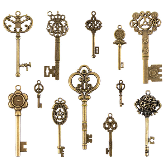 CHuangQi 12 pcs Vintage Skeleton Keys Set, Filigree Steampunk Keys, Antique Bronze Charms Pendants Different Style