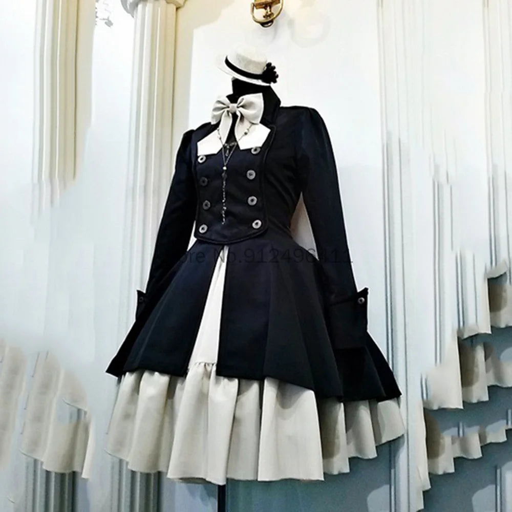 Robe Lolita rétro classique Steampunk pour femmes, manteau gothique noir à lacets avec chaîne et nœud, manches longues, à volants, Costume Slim pour dames
