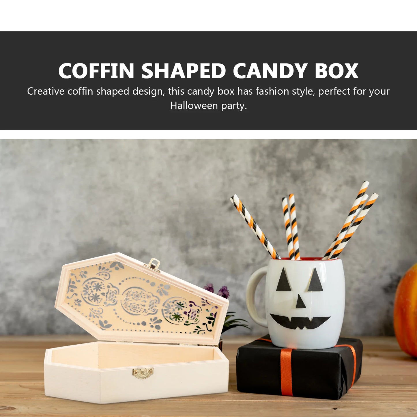 Boîte à friandises en forme de cercueil d'halloween, couvercle à charnière, sucre en bois inachevé, crâne de sucre, boîte à bonbons
