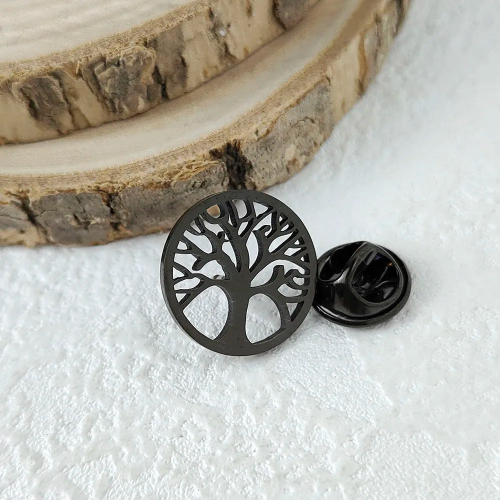 New punk style tree of life hollow stainless steel gold-plated badge, suit lapel pin waterproof black, men's brooch set