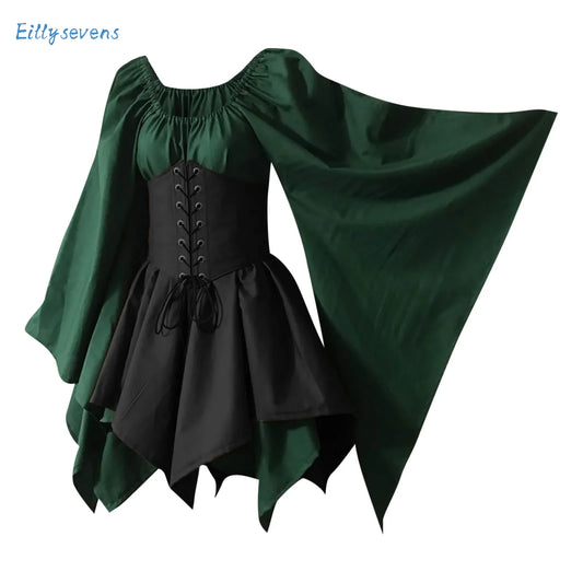 Medieval Vintage Dresses For Women Renaissance Gothic Palace Dress Skirt Halloween Cosplay Long Sleeve Waist Lace-Up Dress