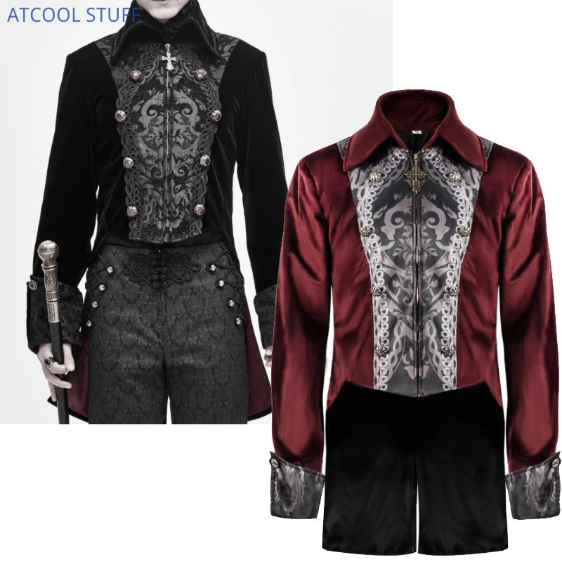 2022 New Steampunk Men's Jacket Medieval Velvet Cross Zipper Tuexdo Gothic Pirate Vampire Victorian Halloween Frock Coat