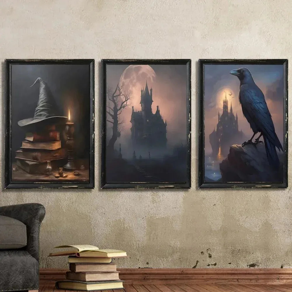 Affiche d'art académique sombre, corbeau, corbeau, sorcière, chat, imprimés pour salon, décoration de maison, gothique, chevalier fantôme, peinture sur toile, Art mural