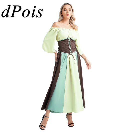 Womens Retro Style Medieval Dress with Lace-up Waist Belt Off Shoulder Swing Dresses Prom Party Gown Femme Gothic Vintage Dress
