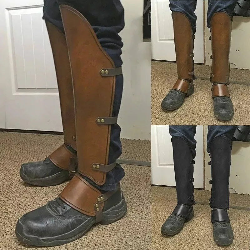 Guêtre de jambe en cuir Steampunk médiéval couvre-bottes de chaussures Vintage guerrier Cavalier soldat Costume armure demi-chaps Leggings