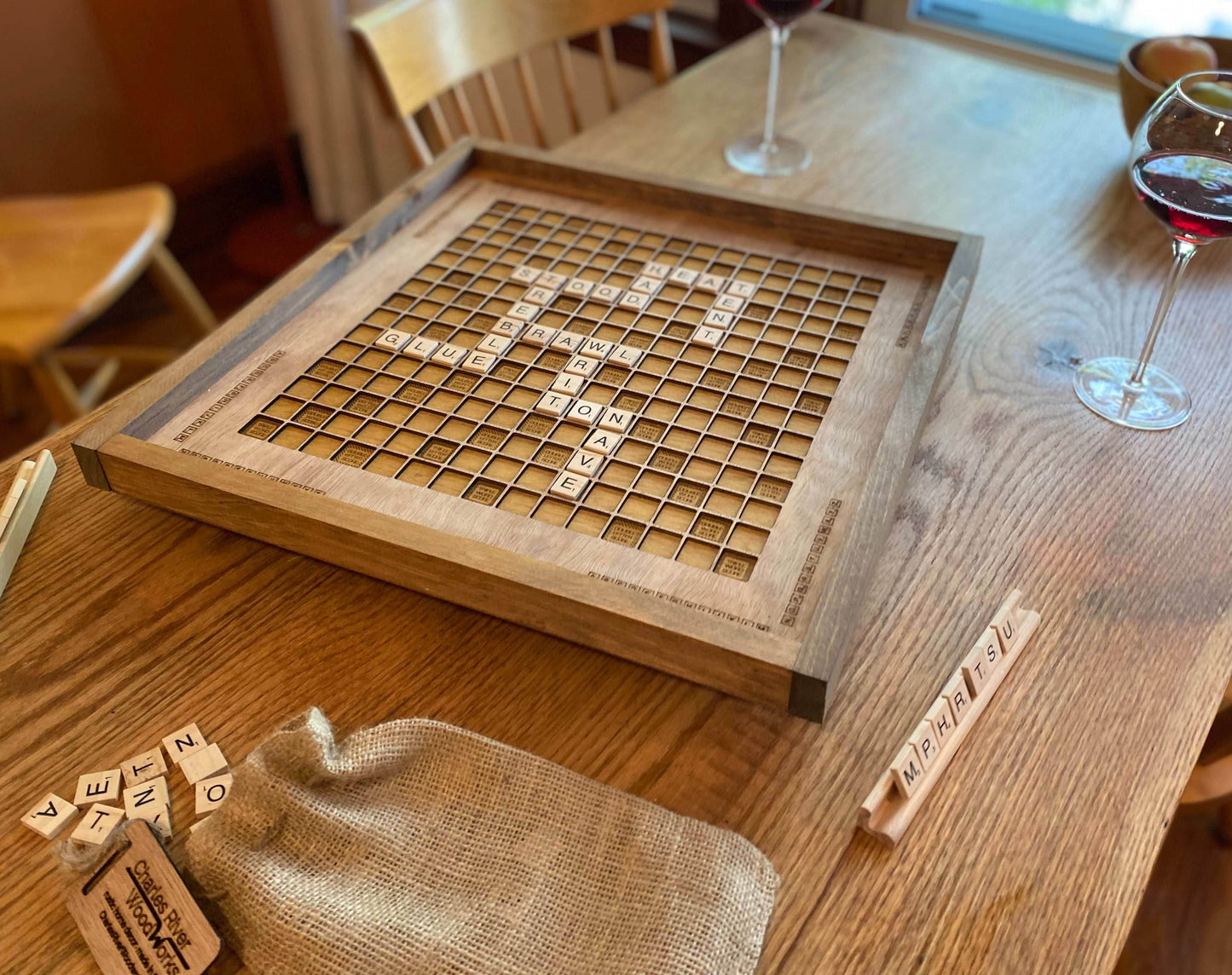 Rustic Wooden Scrabble Board with Rotating Lazy Susan - letter tiles and tile holders included. 100% Made in the USA - No thanks!