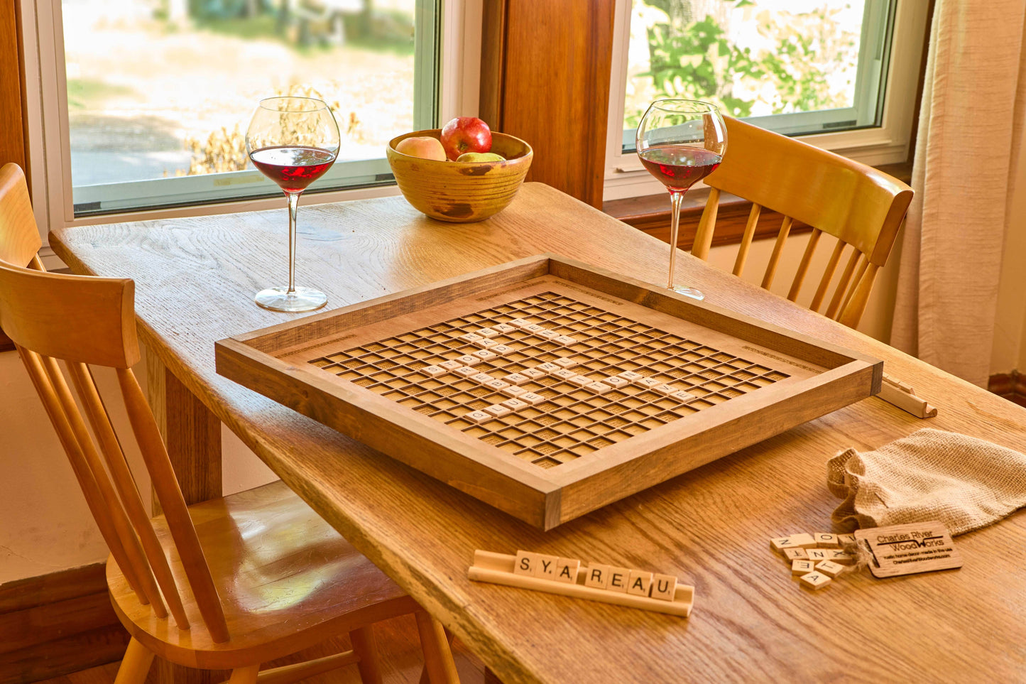Rustic Wooden Scrabble Board with Rotating Lazy Susan - letter tiles and tile holders included. 100% Made in the USA - No thanks!