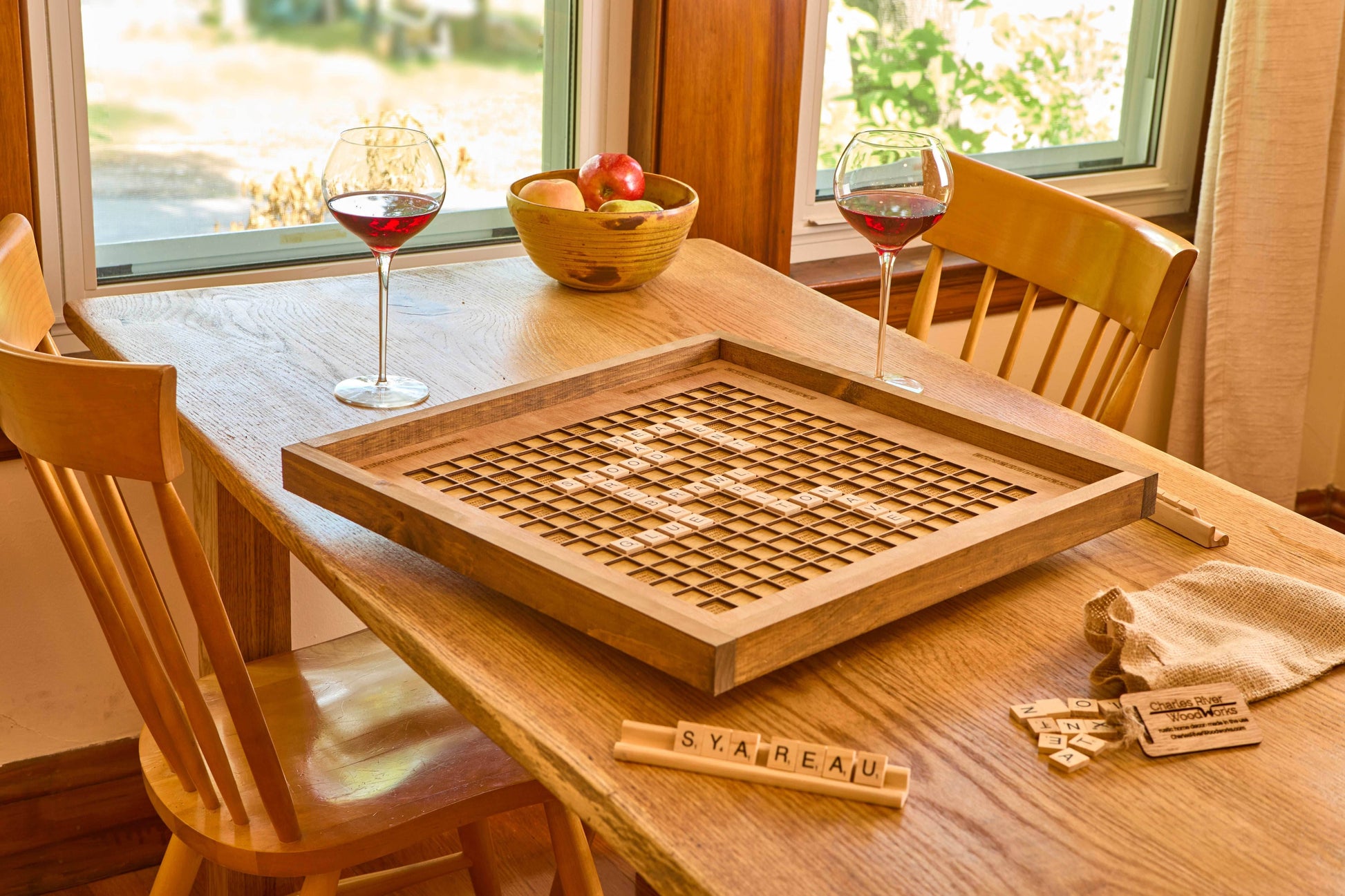 Rustic Wooden Scrabble Board with Rotating Lazy Susan - letter tiles and tile holders included. 100% Made in the USA - No thanks!